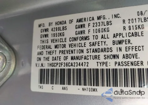 2012 Honda Accord 2.4 Lx from USA, damaged, VIN 1HGCP2F36CA234472
